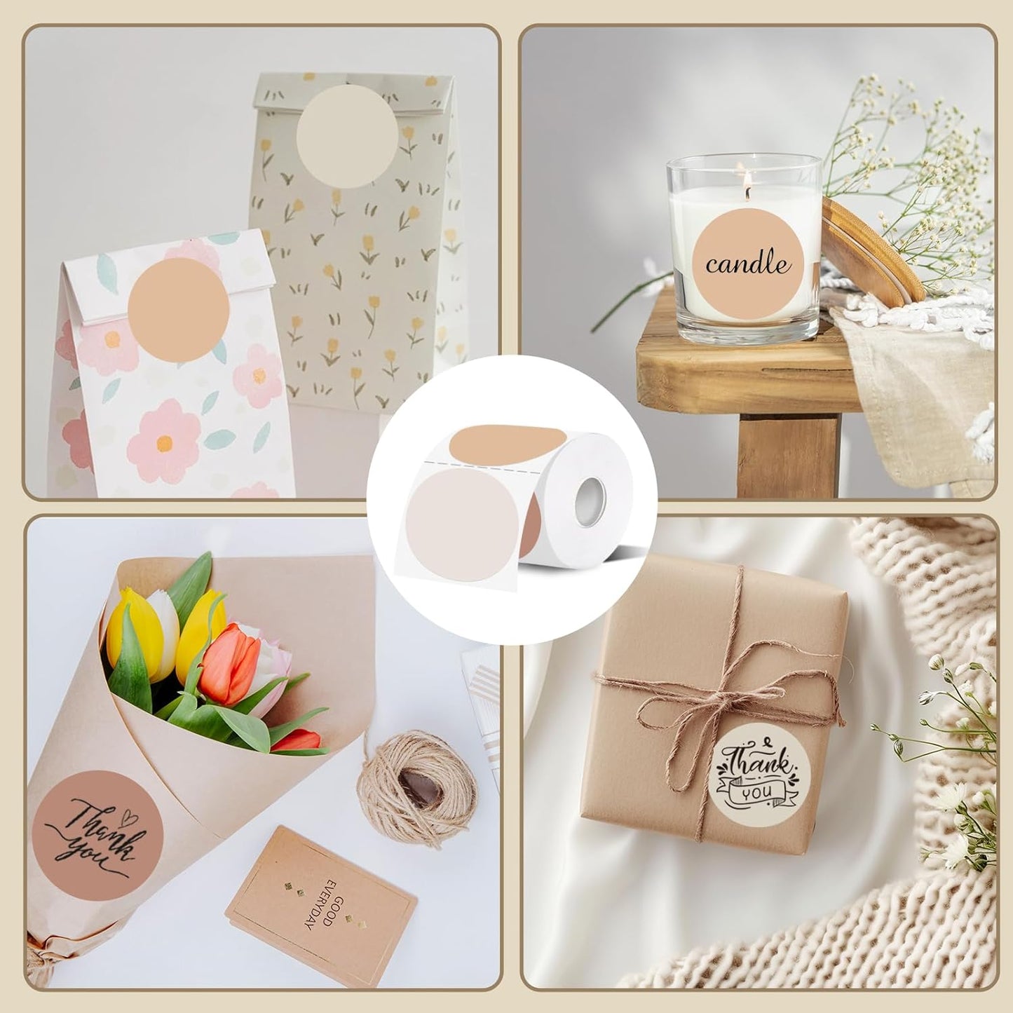 Thermal Label,3 Inch Beige Gradient Round Thermal Printer Sticker,Self-Adhesive Round Direct Thermal Labels,Thermal Stickers for DIY Logo Design,Name Tag (300 Labels/1 Roll)