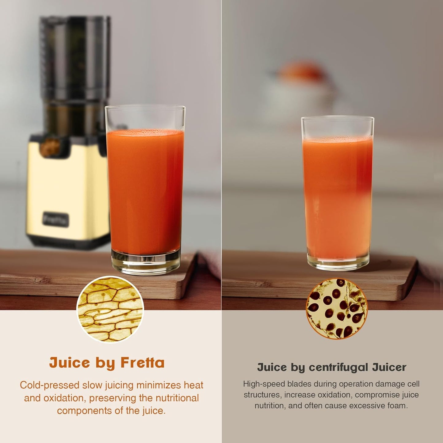 Cold Press Juicer Machines,Fretta 5.3'' Self Feeding Slow Masticating Juicers Fit Whole Fruits & Vegetable Easy Clean Juice Extractor,Tritan Material BPA Free 250W (Yellow)