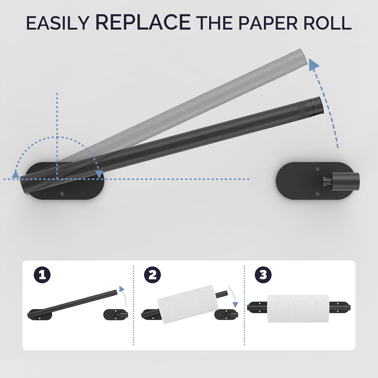 Black Paper Towel Holder Under Cabinet, Self Adhesive or Wall Mounted SUS304 Stainless Steel Paper Towel Holder for Kitchen, Bathroom, Farmhouse, Barbecue and Laundry (Matte Black)