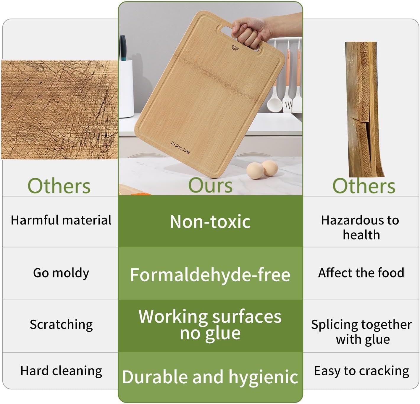 Healthy and Non Toxic & Totally Organic Bamboo Cutting Board Set,3 pack, No Glue & Plastic Free, Juice Groove, Non-solid Wood Cutting Board with hands for Kitchen for Meat, Vegetables and Fruits