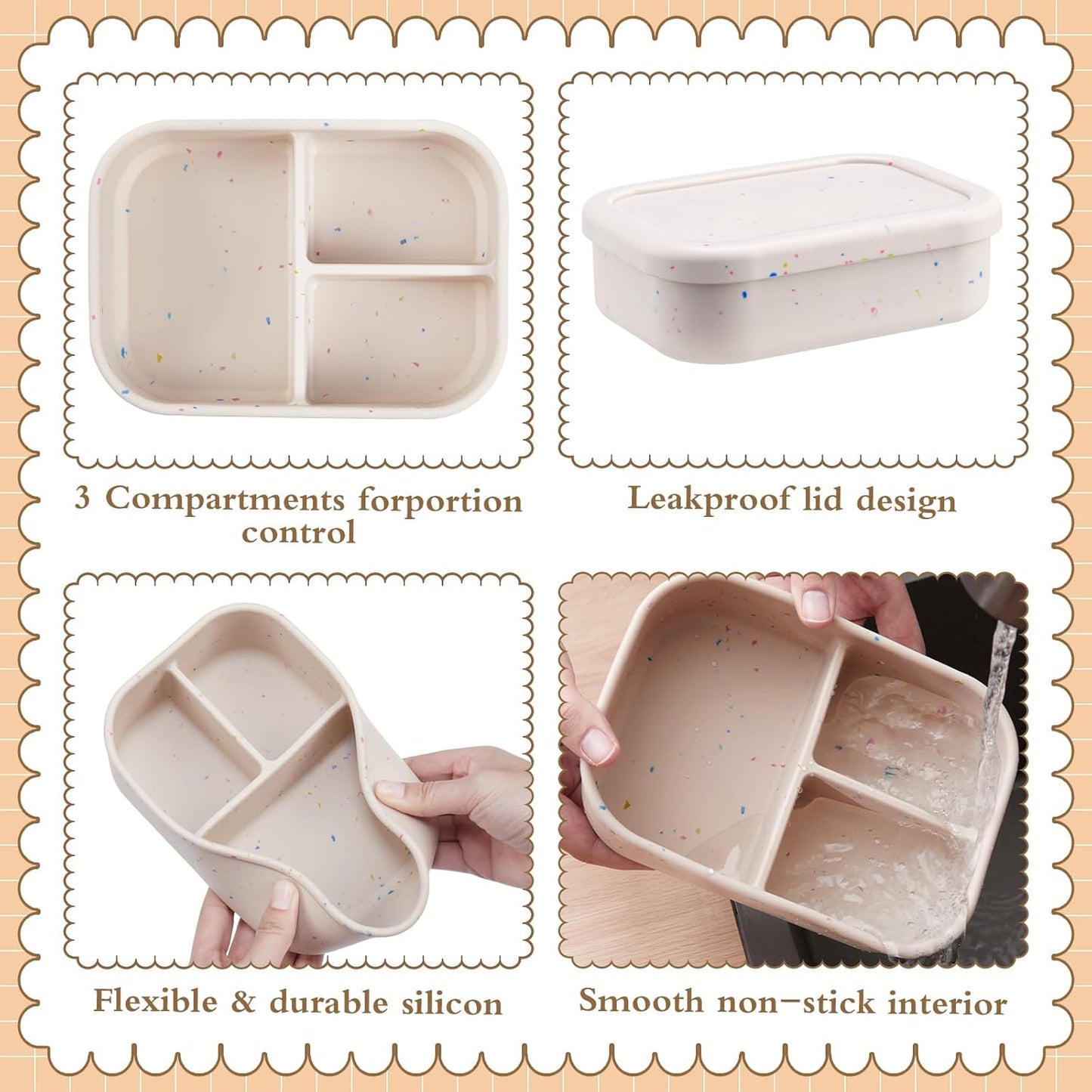 Honeydak 4 Pcs Silicone Bento Lunch Box 3 Compartment Reusable Leakproof Silicone Bento Lunch Container for Adults Microwave Dishwasher Freezer Safe(Beige)