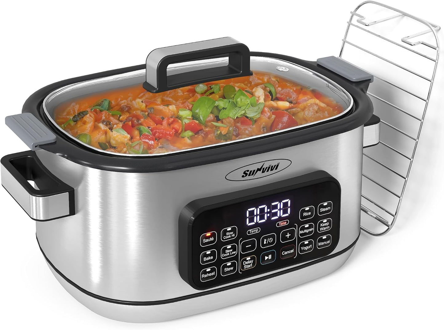 Sunvivi 12-in-1 Multi Slow Cooker Roaster Oven, 6.5QT Sliver Digital Programmable Slow Cooker with Rack, Large Removable Nonstick Crock, Glass Lid, Multicooker with Timer Temp Control, Delay Start