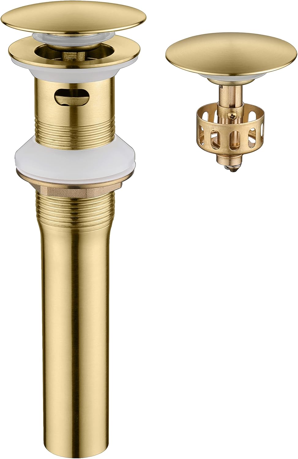 Pop up Sink Drain Stopper with Overflow Brushed Gold for Bathroom Vessel Vanity Sink Art Basin, Big Cap Sink Drain with Overflow, Metal Pop-up Drain Strainer with Detachable Basket Stopper