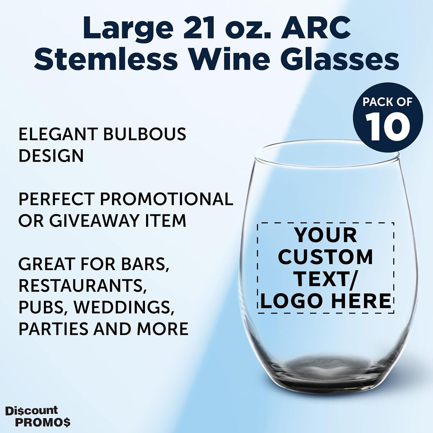 DISCOUNT PROMOS 10 ARC Stemless Wine Glasses Set, 21 oz. - Customizable Text, Logo - Chardonnay, Cabernet, Merlot, Sauvignon - Black