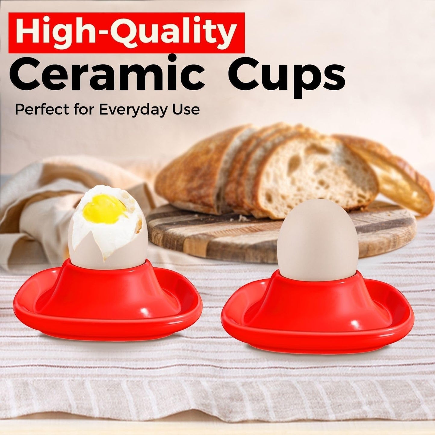 Flexzion Egg Cups for Soft Boiled Eggs - Set of 6 Ceramic Egg Holder - Stackable Egg Coddler Cups with Base for Serving, Breakfast, Brunch - Kitchen Table Decor, Red