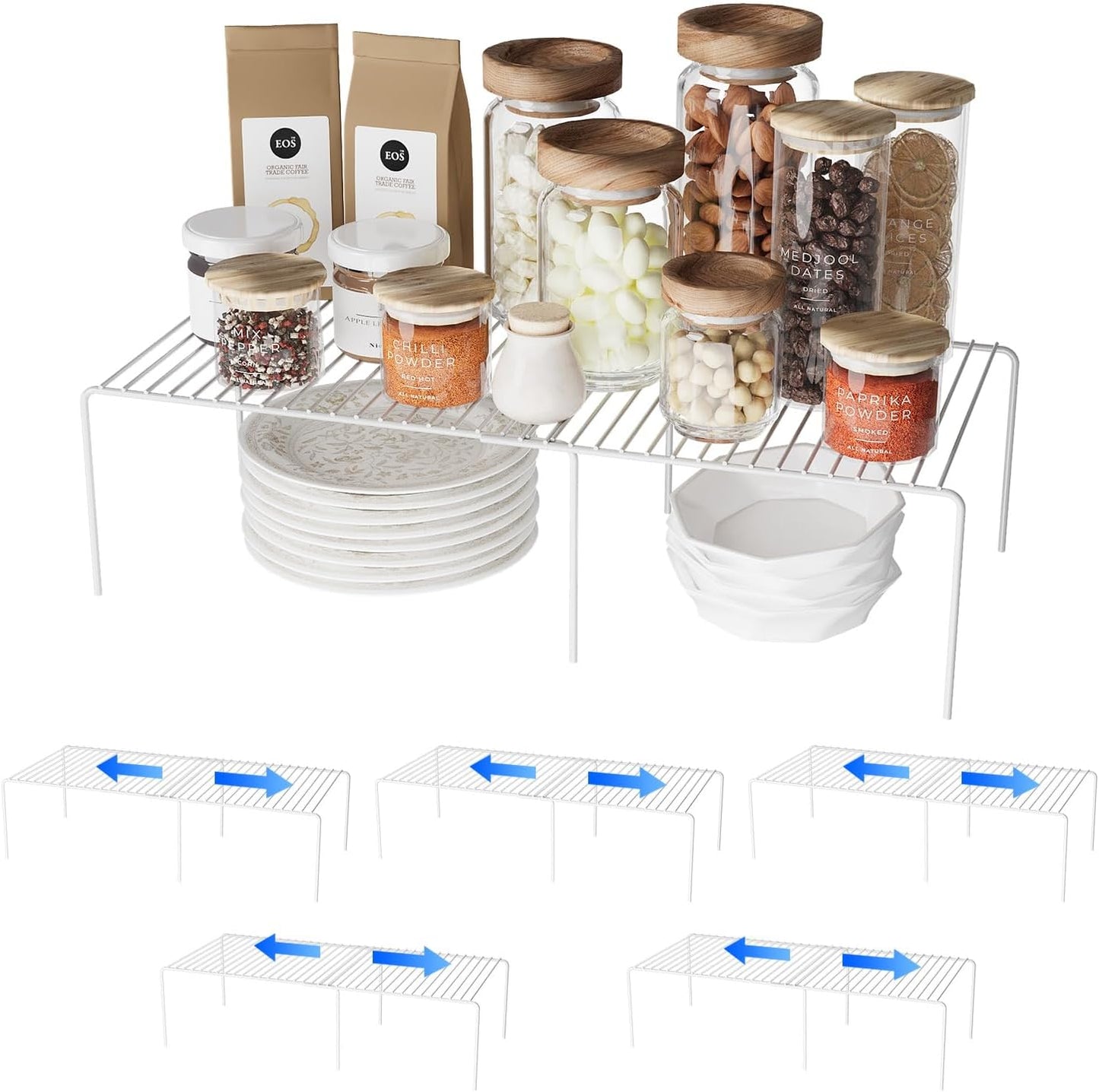 Expandable Storage Shelf, Pantry Organizers and Storage, Adjustable Rustproof Metal Wire Spice Rack, Space Saver Kitchen Storage Shelves for Pan, Pot, Countertop, Drawer, Fridge, Set of 6, White