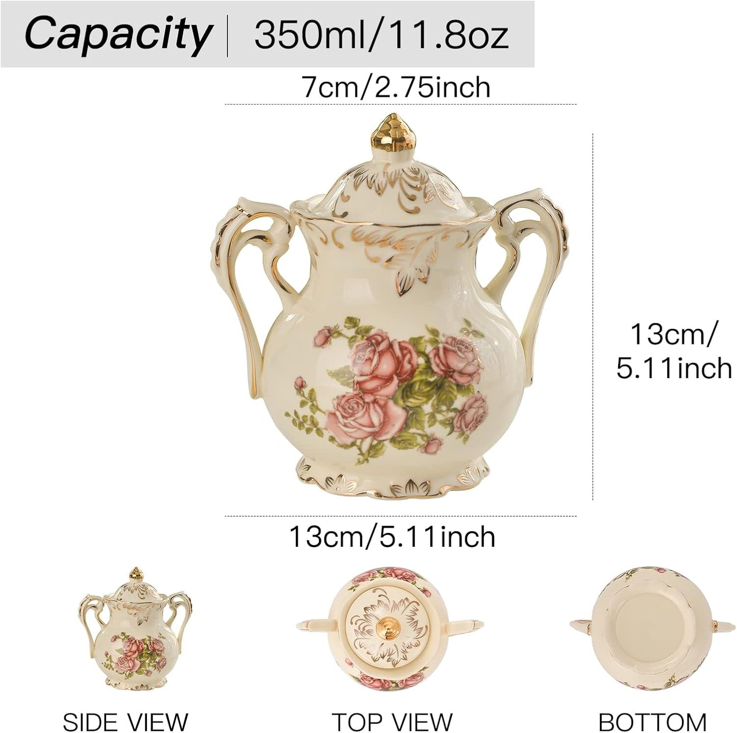 YOLIFE Ceramic Sugar and Creamer Set, Vintage Porlcelain Pitcher Creamer Sugar Bowl with Lid, Pink Rose Floarl Golden Leaves Edge