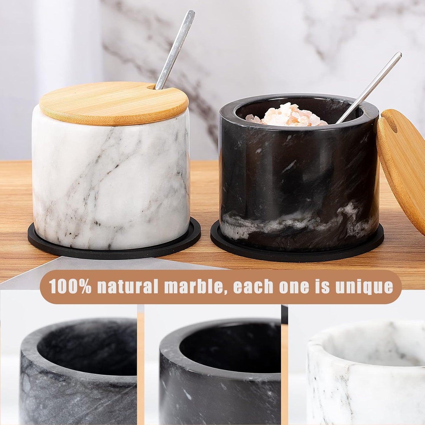 Marble Salt Cellar Set, 2 PCS 11oz Salt and Pepper bowls, Handcrafted from Natural Marble, Smooth Inside (White & White Set)