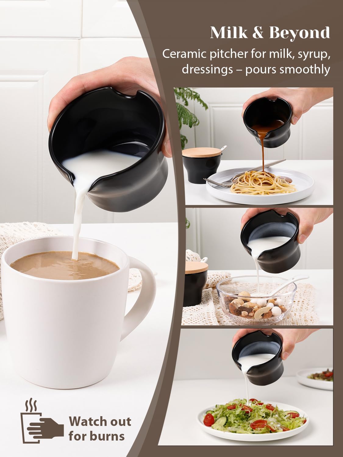 INGOFIN Ceramic Sugar and Creamer Set with Lid and Spoon, 3-Piece Porcelain Creamer Pitcher Milk Jug and Sugar Bowl for Coffee Bar, Tea Time, Kitchen Serving,3.5oz & 6oz, Dishwasher Safe, Modern Black