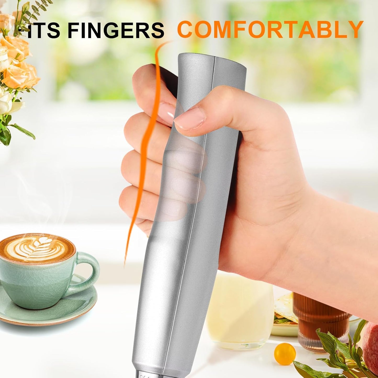 YUSWKO Rechargeable Milk Frother Handheld with 3 Heads, Silver Coffee Electric Whisk Drink Foam Mixer, Mini Hand Stirrer with 3 Speeds Adjustable for Latte, Cappuccino, Hot Chocolate, Egg