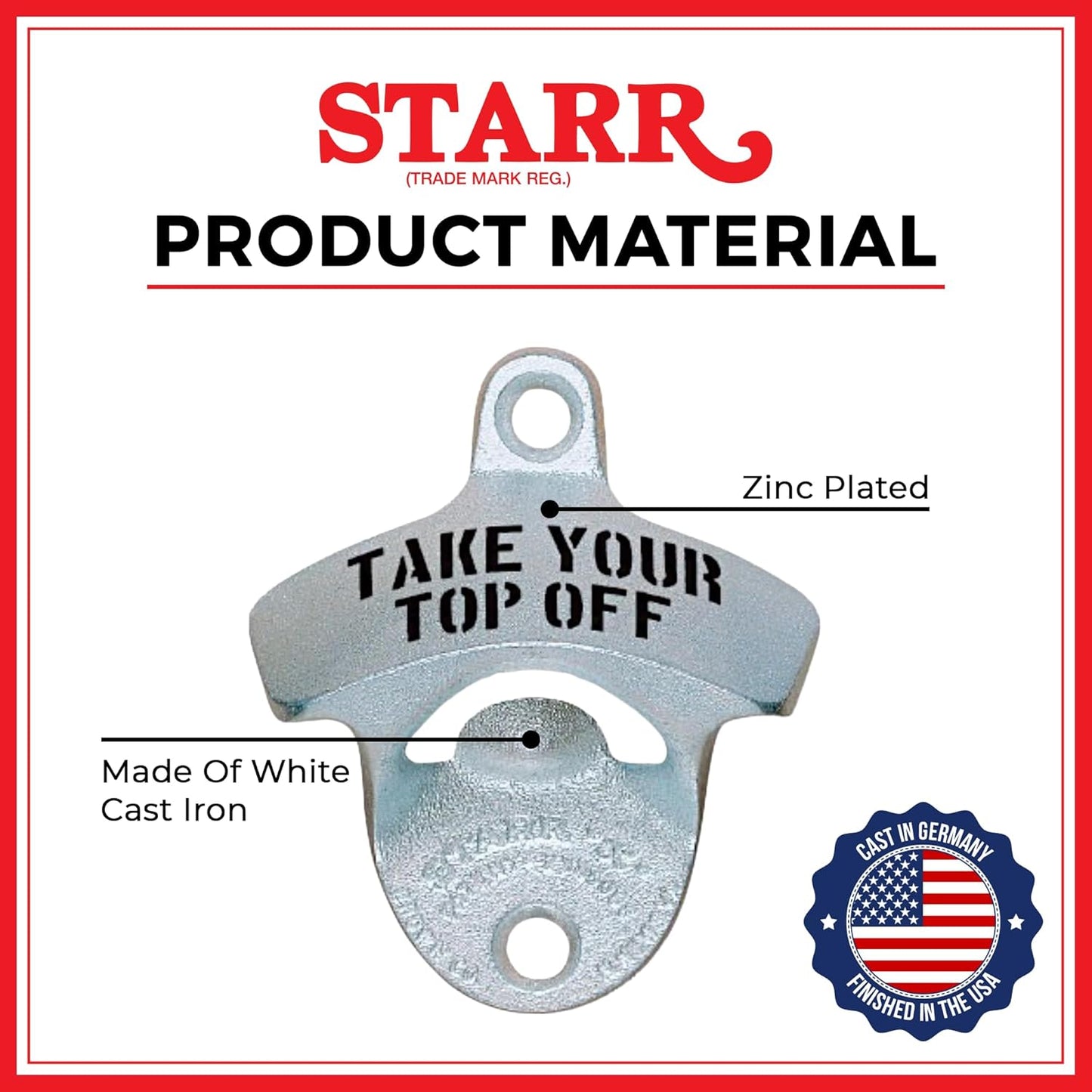 STARR "X" Take Your Top Off | Classic Wall Mounted Beer Bottle Opener for Home Bar, Kitchen, Patio, or Man Cave | Easy Cap Removal, Zinc Plated Cast Iron