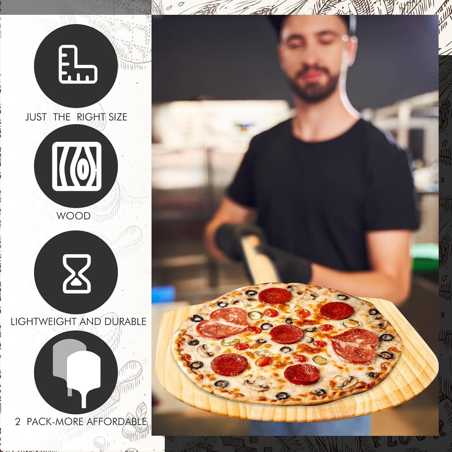 2 Pack Wooden Pizza Peel, 14" L x 12" W Plate, with 22" L Wooden Handle, 36" Overall Length for Oven, Stone, Pan or Grill, Spatula for Baking Bread and Cake - Indoor & Outdoor