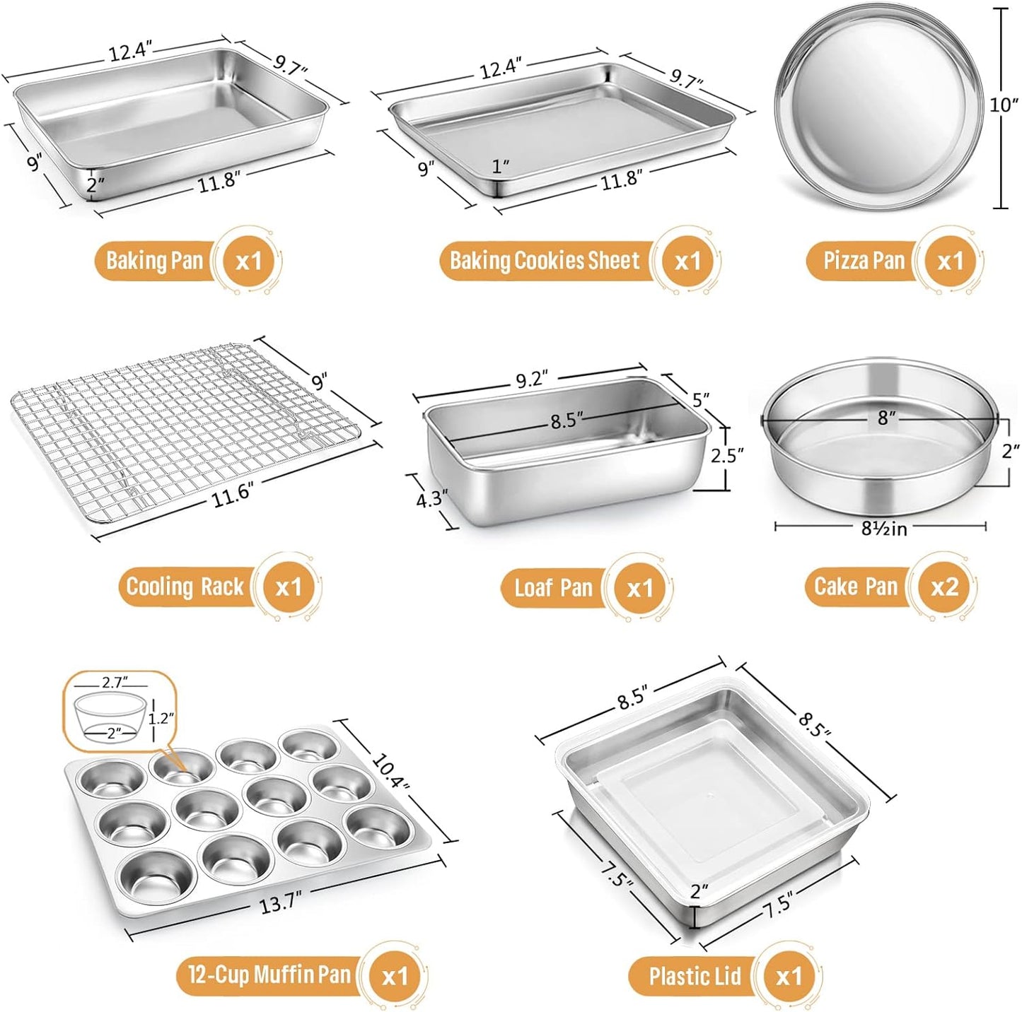 E-far 10-Piece Baking Pans set, Stainless Steel Bakeware Set for Oven, Include Cake Pan/Baking Cookie Sheet/Pizza/Muffin/Loaf Pan, Non-Toxic & Heavy Duty, Dishwasher Safe