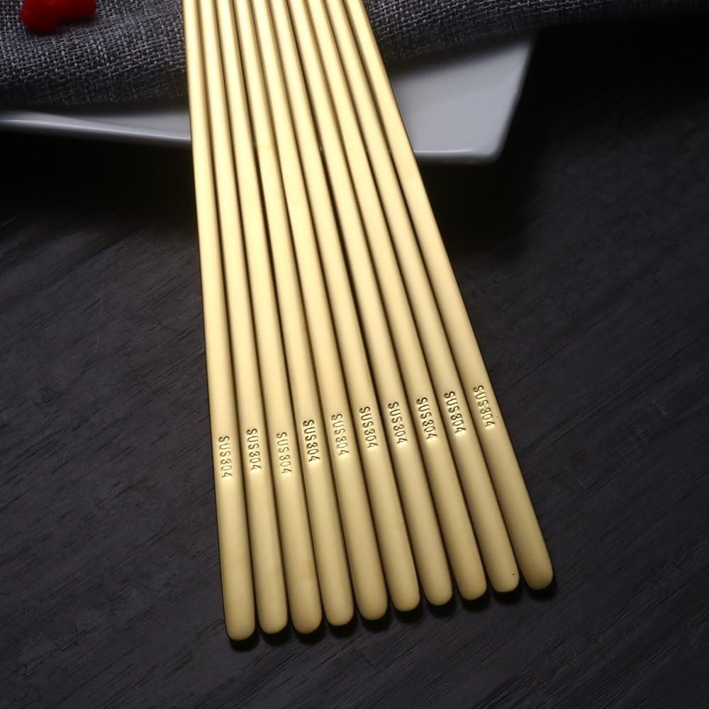 Buyer Star 5 Pairs Gold Flat Chopsticks - Reusable Metal Stainless Steel Chinese Chopsticks Set with Case