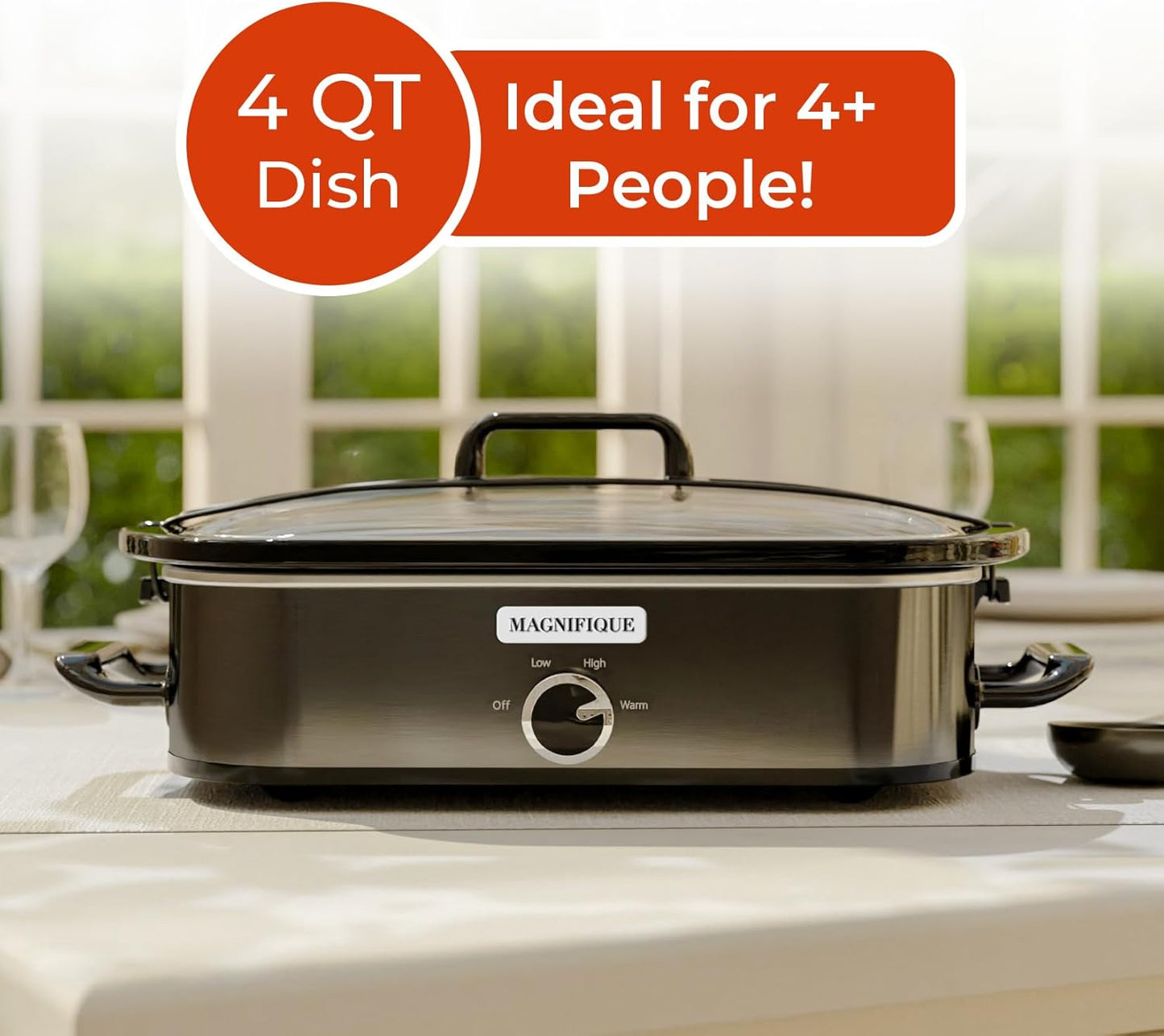 [NEW] MAGNIFIQUE 4-Quart Slow Cooker with Casserole Manual Warm Setting - Perfect Kitchen Small Appliance for Family Dinners, Dishwasher Safe Crock, Stainless Stee