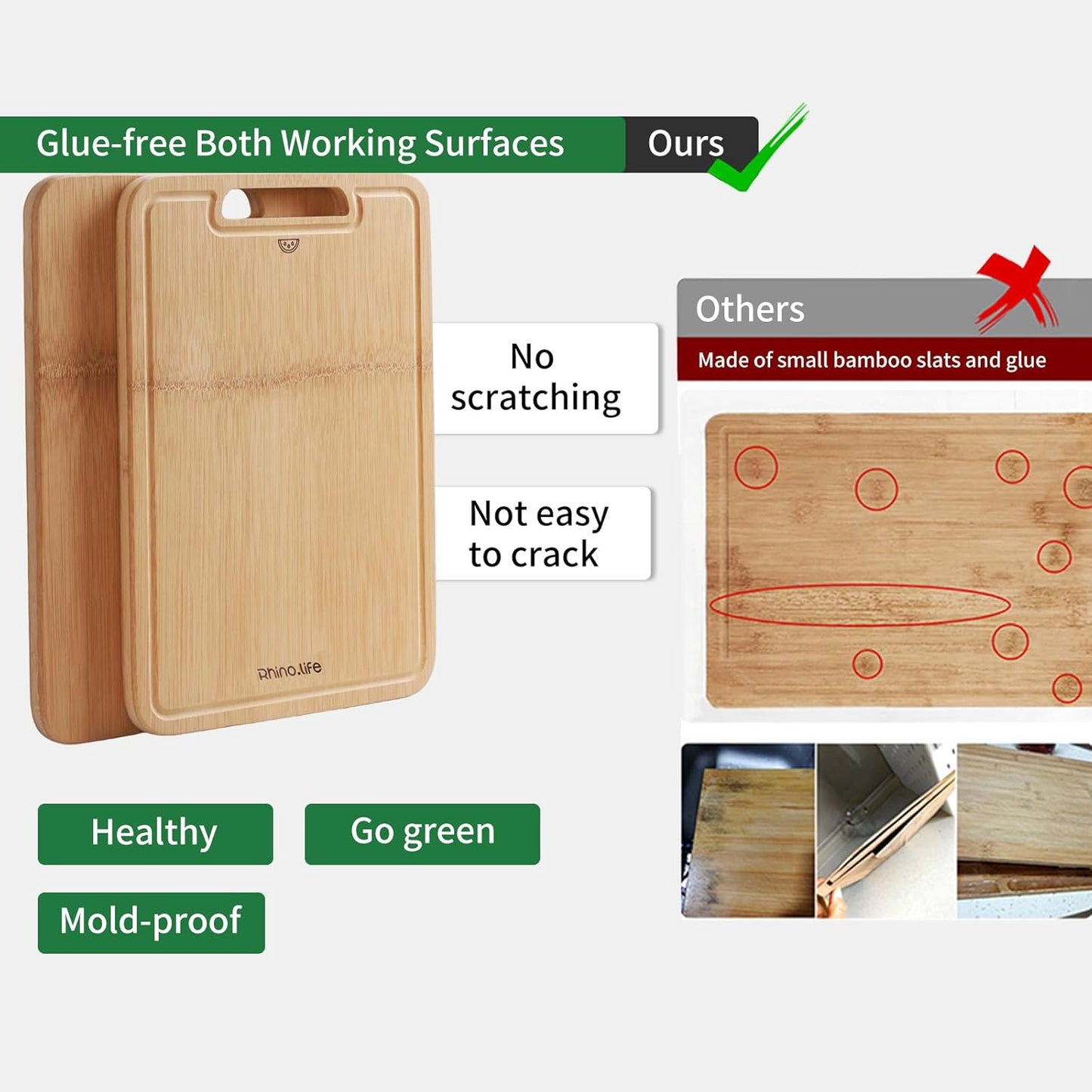 No Glue and Healthy & Organic Non Toxic Small Bamboo Cutting Board with hands for Kitchen,Plastic Free, Juice Groove, Non-solid Wood Cutting Board for Meat, Vegetables and Fruits (12 * 8inch)