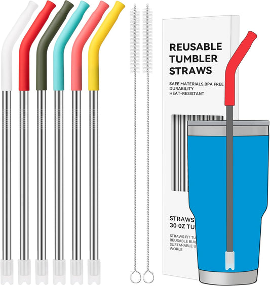 6 Pcs Reusable Metal Straws with Silicone Tip for 30 oz Tumbler, Stainless Steel Long Drinking Straw for YETI, STANLEY, US Acrylio, BJPKPK, Simple Modern and so on