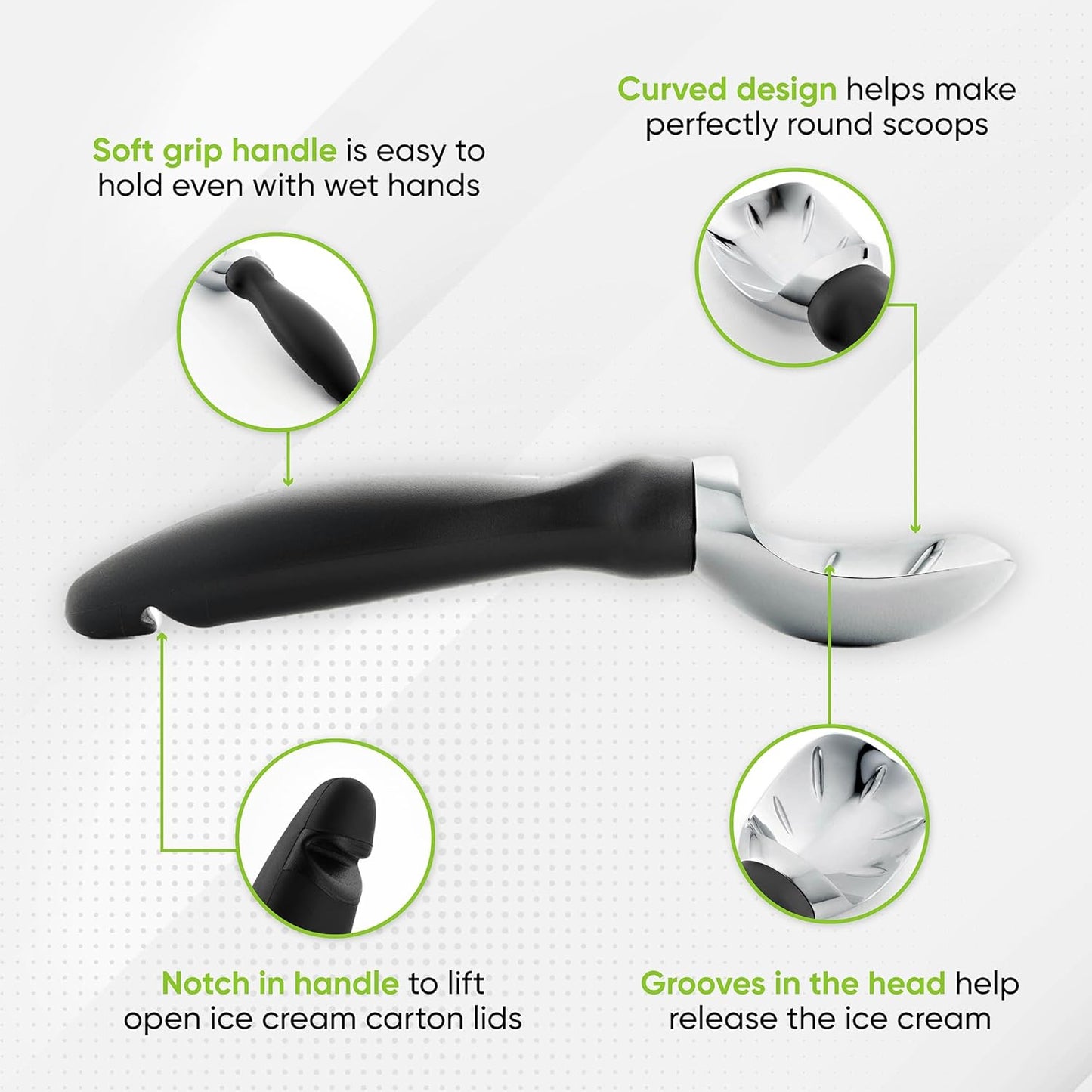 Spring Chef Ice Cream Scoop with Soft Grip Handle, Professional Heavy Duty Sturdy Scooper, Premium Kitchen Tool for Cookie Dough, Gelato, Sorbet, Black, 2 Pack