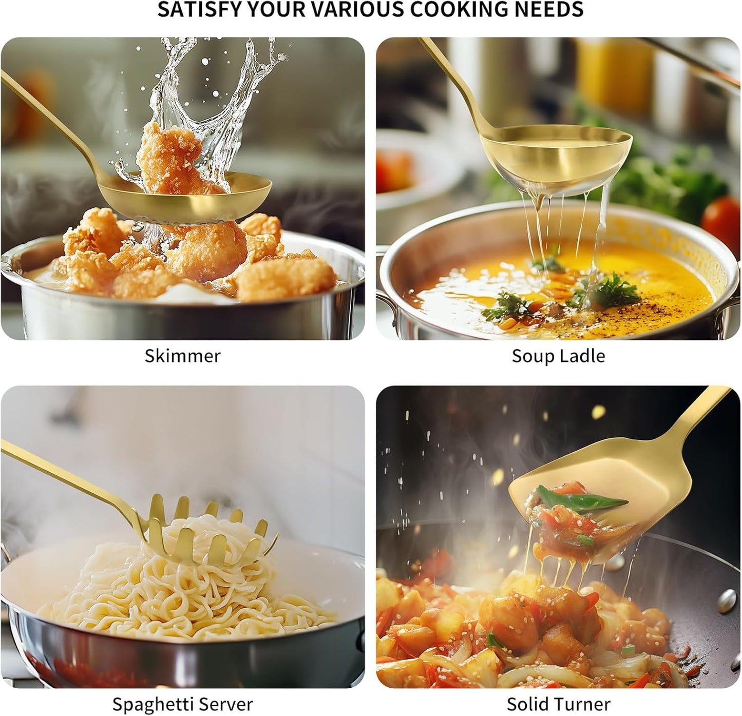 304 Stainless Steel Cooking Utensils Set, 8PCS Kitchen Utensils Set, Include Skimmer, Soup Ladle, Spaghetti Server, Wok Spatula, Slotted Spoon, Solid Spoon, Slotted Spatula Turner & Meat Fork, Gold