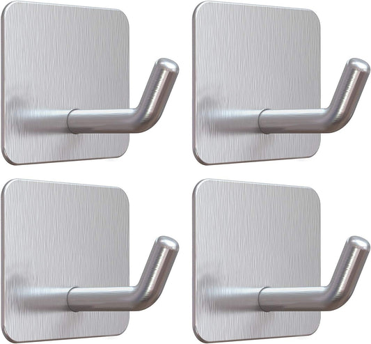 VIS'V Adhesive Hooks, Heavy Duty Shower Wall Stick on Hooks, Waterproof, 2 Extra Adhesive Strips, Silver, 4 Pcs