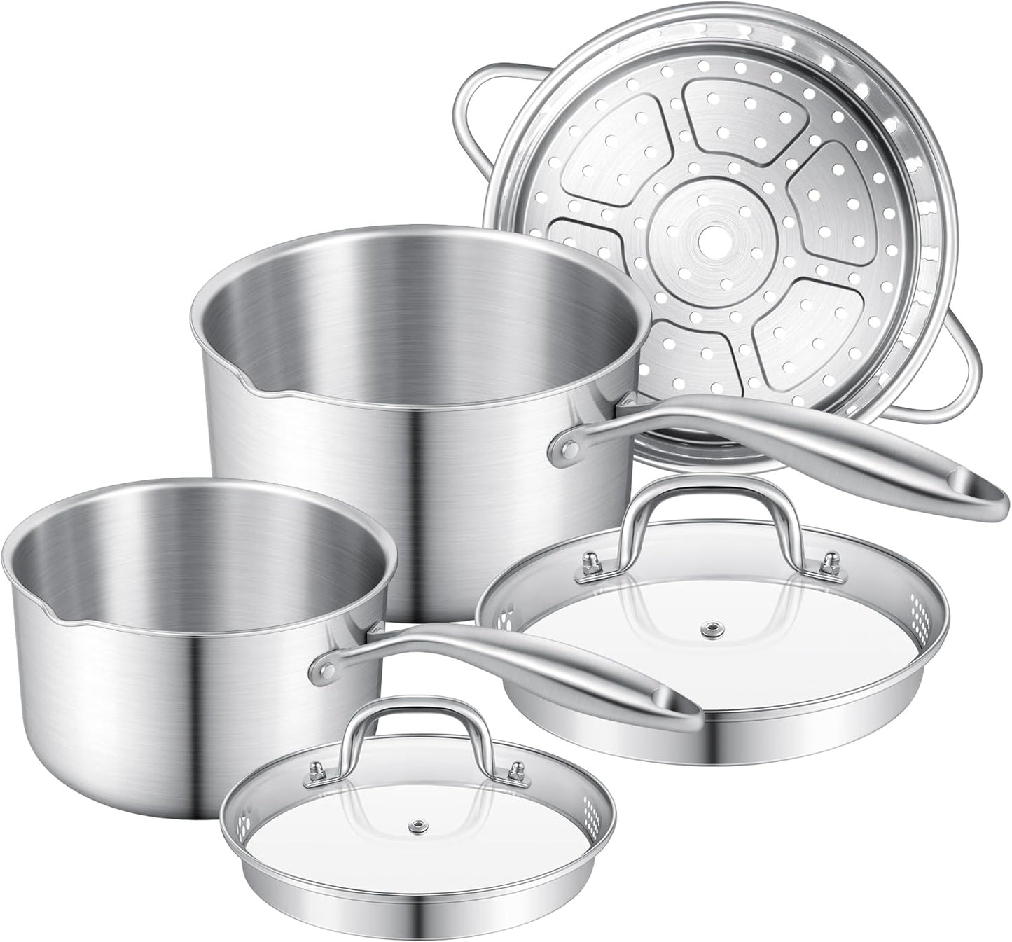 Leetaltree 1.5 and 2.5 Quart Stainless Steel Saucepan with Steamer Basket, Tri-ply Construction, Multipurpose Sauce Pan with Double-sized Drainage Lid - Perfect for Cooking Gravies, Pasta, Vegetable