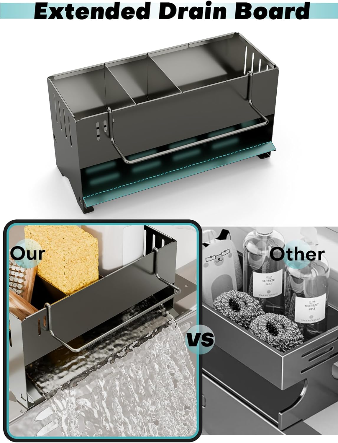 Sponge Holder for Kitchen Sink, Space-Saving Sink Caddy with Brush Holder, Kitchen Countertop Organizers and Storage Essentials