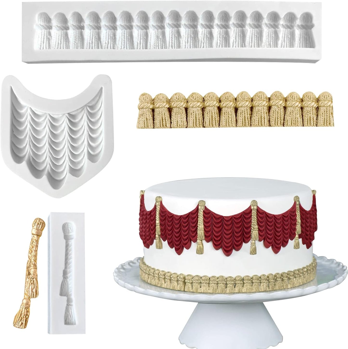 Macrame Tassel Cake Decoration Fondant Border Mold 3pcs, Curtain Chocolate Silicone Molds for Cake Decorating Candy Sugar Craft Flower Paste Cookies Marzipan Butter Gum Clay Resin Gypsum