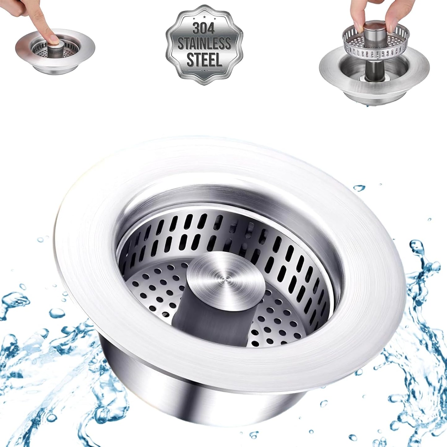 SELLO 3 in 1 Kitchen Sink Drain Strainer, 304 Stainless Steel Pop-Up Sink Stopper with Filter Basket, Anti-Clogging Sink Drain Strainer for 3-1/2''Drain Hole of US Standard Kitchen Drain