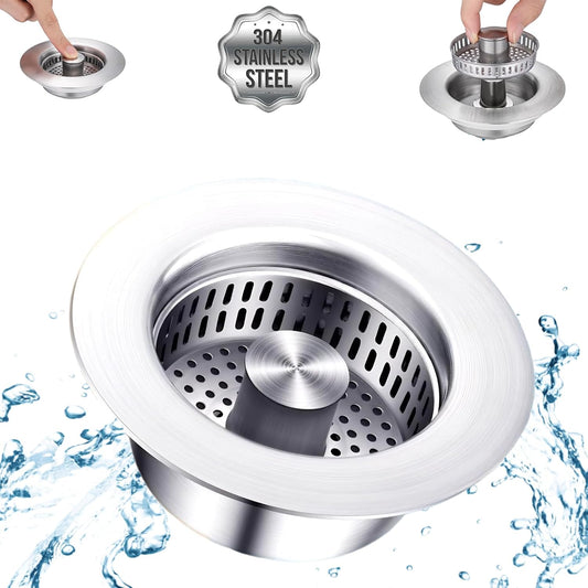 SELLO 3 in 1 Kitchen Sink Drain Strainer, 304 Stainless Steel Pop-Up Sink Stopper with Filter Basket, Anti-Clogging Sink Drain Strainer for 3-1/2''Drain Hole of US Standard Kitchen Drain