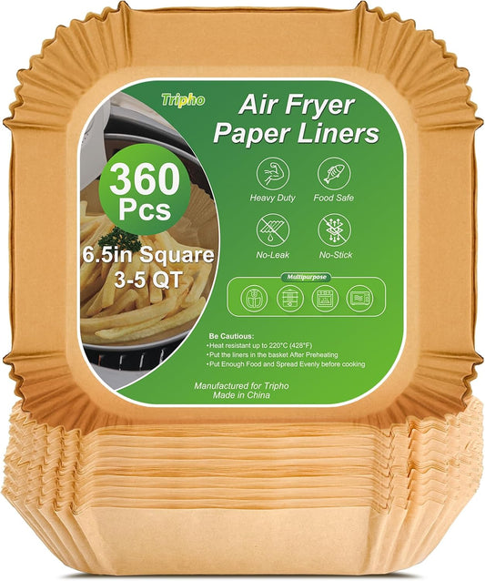 360 Pcs 6.5” Square Unbleached Heavy Duty Air Fryer Paper Liners Disposable, Non-Stick & Non-Leak Parchment Paper Liners for Airfryer Basket, Deep Fryer Parts & Accessories
