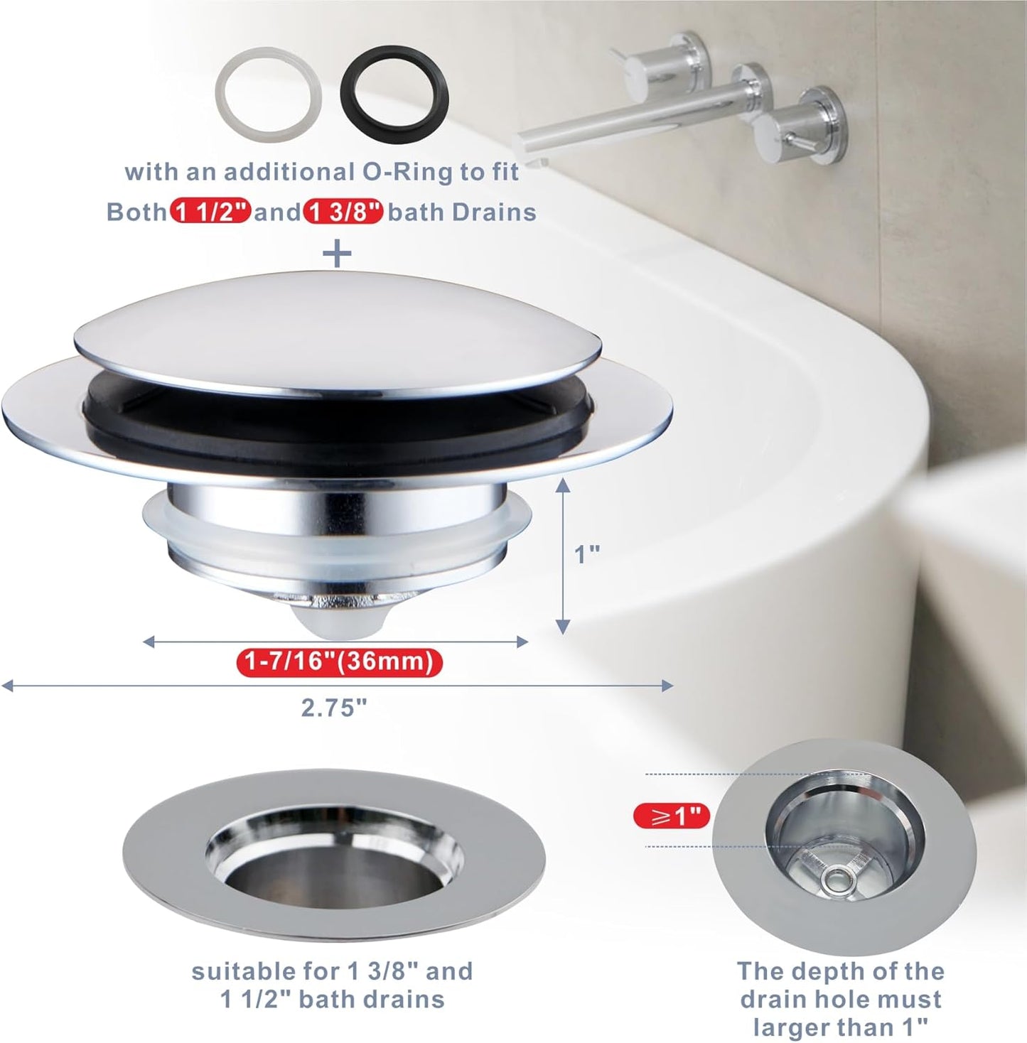 Chrome Plated Universal Tub Dain Stopper, Hidrop Pop Up Bath Drain Tip Toe Bathtub Drain Stopper,Conversion Kit Assembly, Replaces Lift and Turn, Tip-Toe and Trip Lever drains for Tub, EZ Install