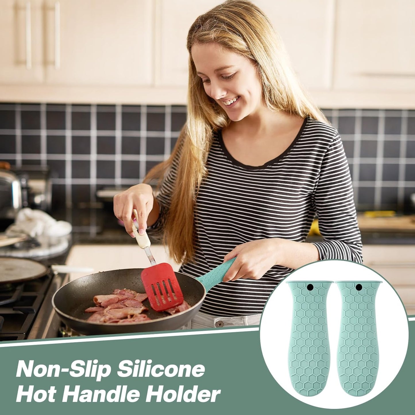 Patelai 2pcs Silicone Handle Cover for Cast Iron Skillet Kitchen Silicone Handles for Pots and Pans Non-Slip Pot Holder Sleeve for Fry Pan Griddles Metal Aluminum Cookware(Bright Green)