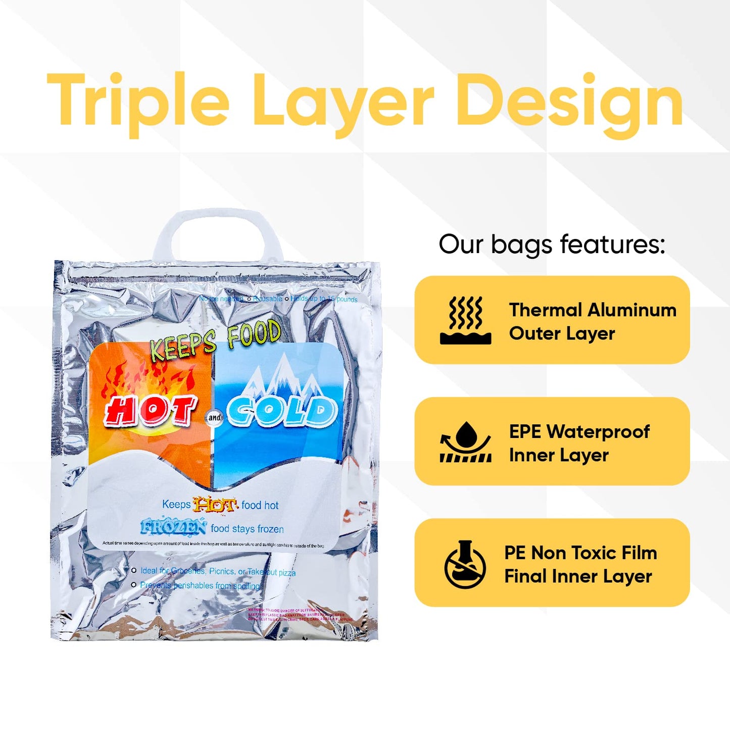 Superio Hot and Cold Insulated Bags for Food Delivery, Grocery Shopping Bags, Food Storage for Hot and Frozen Food for Travel, Disposable Cooler Bag, Reinforced Thermal Lunch Bag (3, 13.5"x17.5")