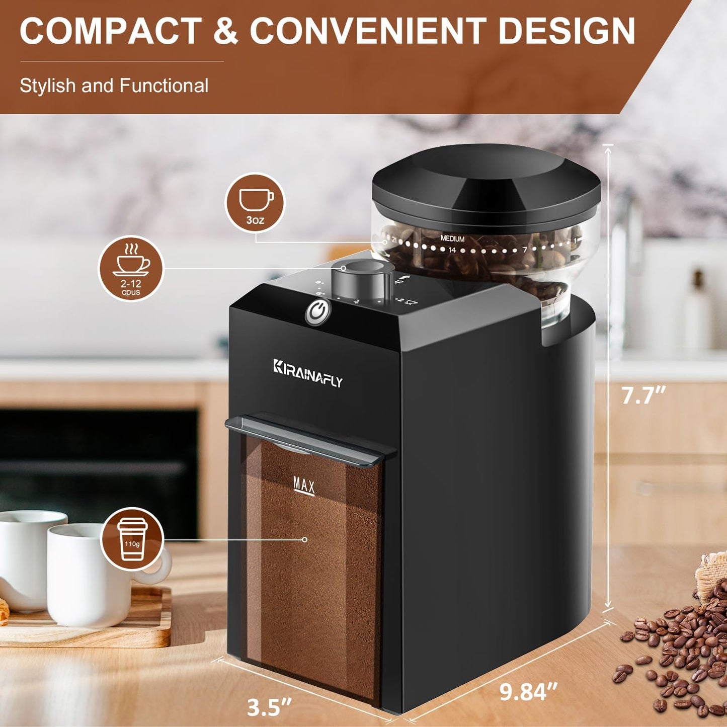 Electric Burr Coffee Grinder,Adjustable coffee grinder with 28 Precise Grind Setting for French Press, Drip Coffee and Espresso,12 Cups, (Black+Gray)
