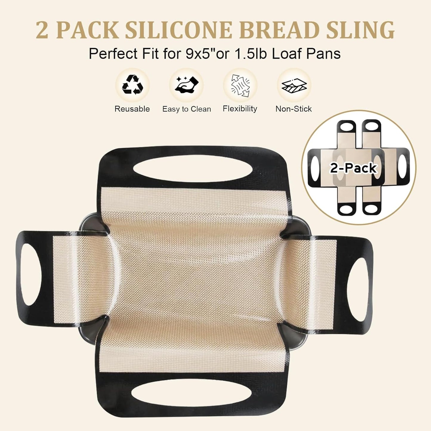 2 Pack Silicone Bread Sling with Handles – Non-Stick Baking Mat Fits 9x5" or 1.5LB Loaf Pans | Reusable, Easy Clean | Perfect for Homemade Bread, Cake, Meatloaf | Bakers & Home Cooks,19"x15"