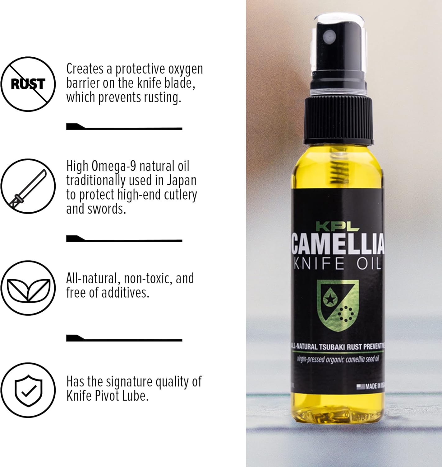 Knife Pivot Lube – Camellia Knife Oil for Blades – Tsubaki, Honing Oil for Cleaning and Blade Care – 60ml Spray Bottle