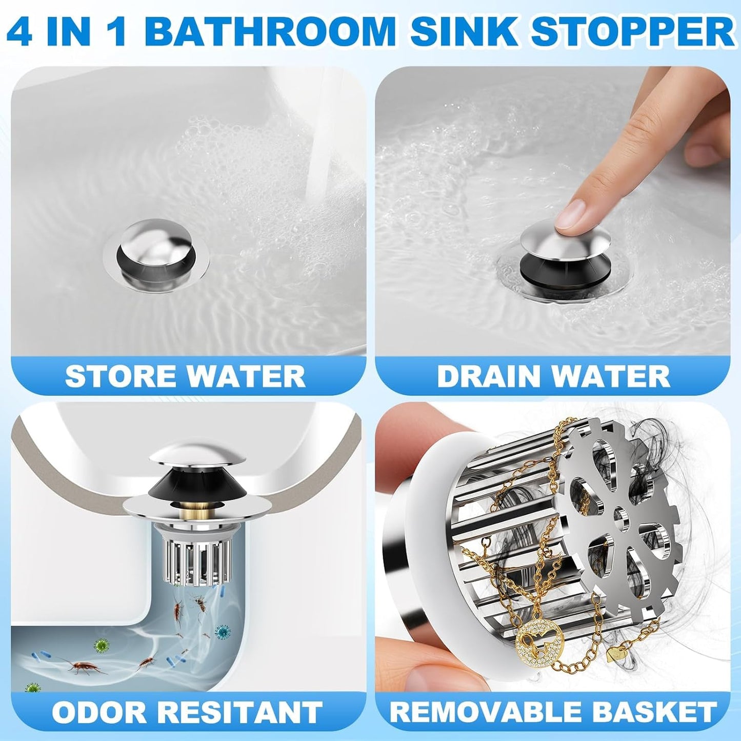 Universal 4 in 1 Bathroom Sink Drain Strainer with Removable Filter Basket, Pop Up Pure Copper Bathroom Sink Stopper, Anti-Clogging Bathroom Drain Stopper Sink Plug
