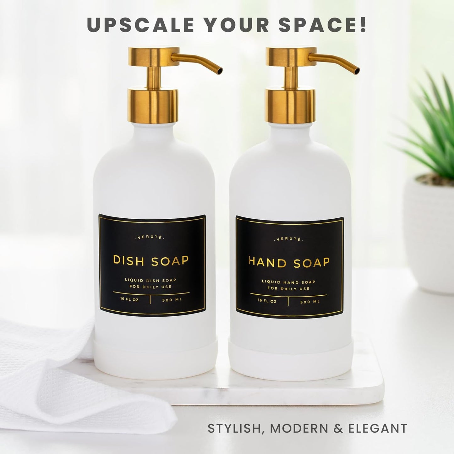 16oz Glass Soap Dispenser with Stainless Steel Pump, 21 Waterproof Labels, Non-Slip Protective Silicone Pad, Set of 2 for Bathroom & Kitchen (Matte White Bottle/Brushed Gold Pump)