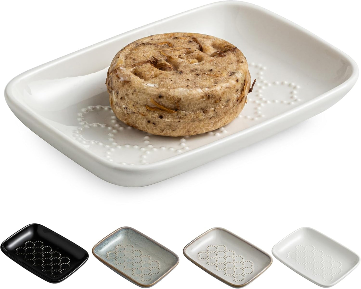 Gomakren Soap Dish for Shower, Ceramic Soap Dishes for Bar Soap Sponge, Shower Soap Holder Saver Tray for Bathroom Kitchen Sink, Easy to Clean, White