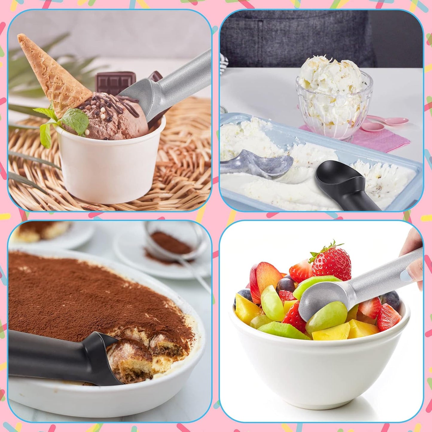 Gejoy 16 Pcs Ice Cream Scoop 7 Inch Nonstick Anti Freeze Ice Cream Scooper Aluminum Design Dessert Spoon for Gelatos Frozen Yogurt Fruit Sundaes Sorbet Almond Cookie Dough (Black and Silver)