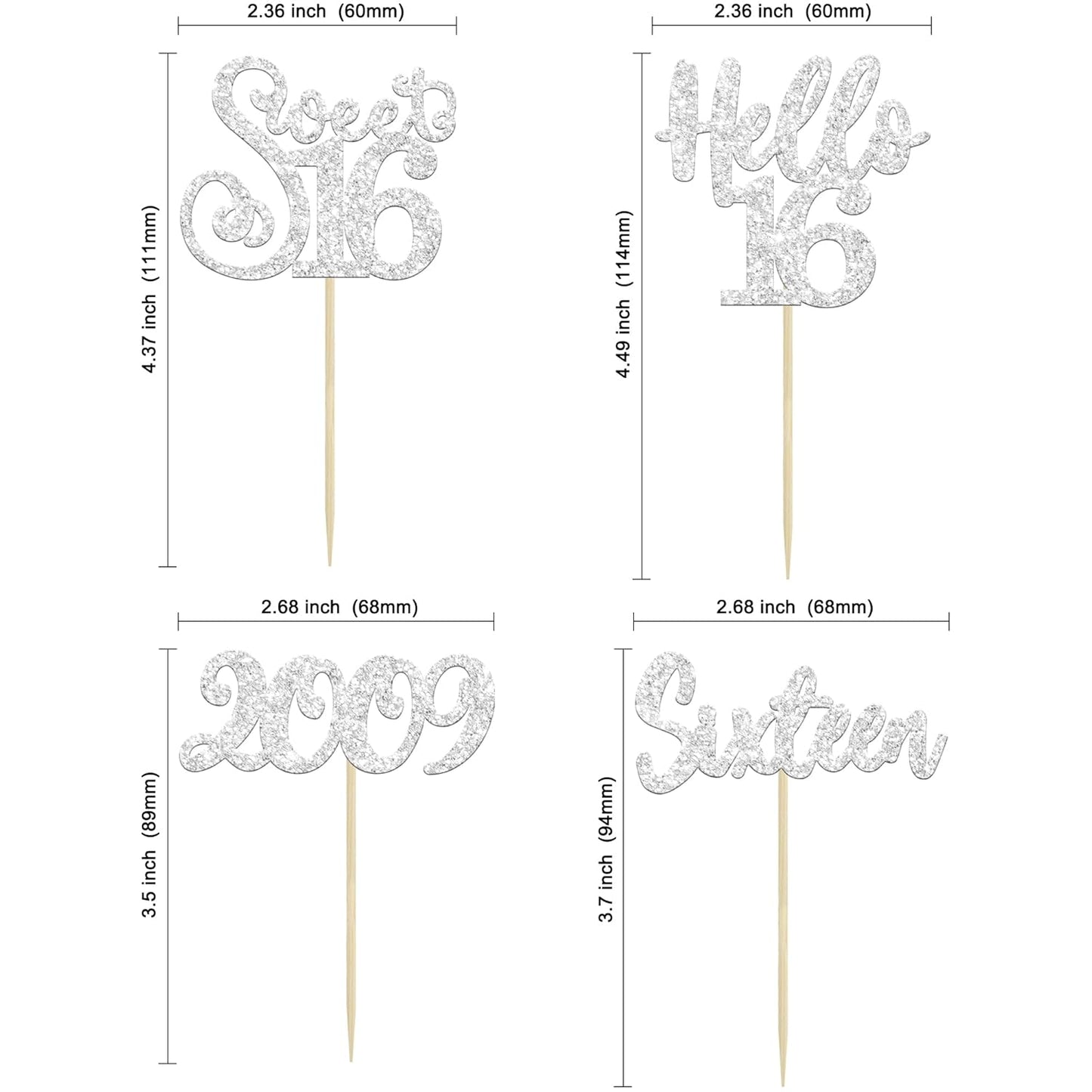 Gyufise 24Pcs 16th Birthday Cupcake Toppers Silver Glitter Hello 16 Sweet 16 Cupcake Picks 2009 16th Birthday Cake Decorations for Celebrating 16th Birthday Anniversary Party Supplies