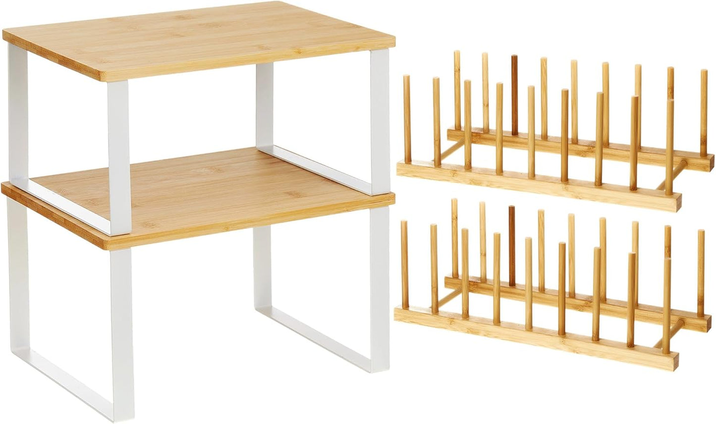 Marsui 4 Pcs Kitchen Organizer Accessories Set Cabinet Organizer Shelf and Bamboo Dish Drying Plate Rack Counter Shelves Storage Holder for Spice Rack, Dish, Pot Lid, Bowl, Cup(Wooden Color)