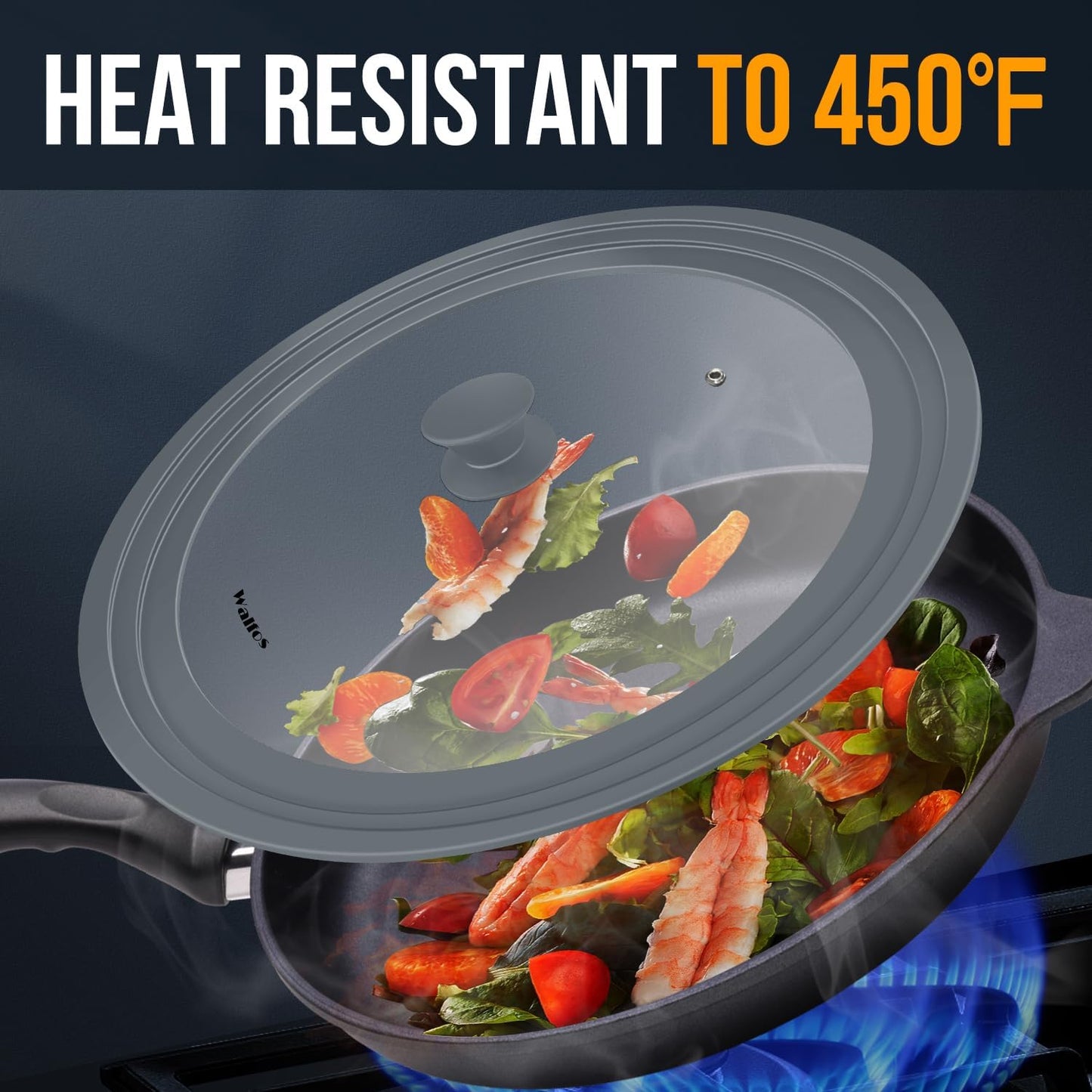 Walfos Universal Lid for 13", 14" and 15" Diameter Cookware - Tempered Glass Pan Lid with Heat Resistant Silicone Rim, BPA Free Pot Lids, Fits Pots, Pans and Skillets, Dishwasher-Safe, Gray