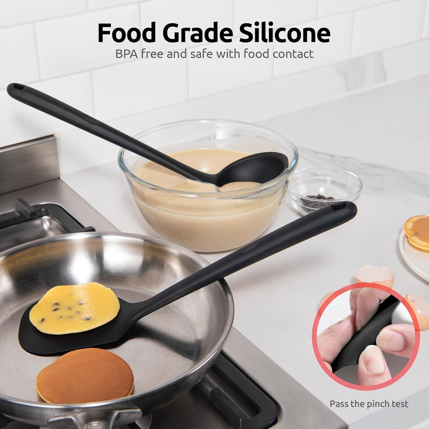 Silicone Kitchen Cooking Utensil Set: U-Taste High Heat Resistant 13.6in Long Kitchen Gadgets, BPA Free Non Stick Rubber Cook Accessories For Stir Frying, Serving, Basting, Mixing (5 Pieces, Black)