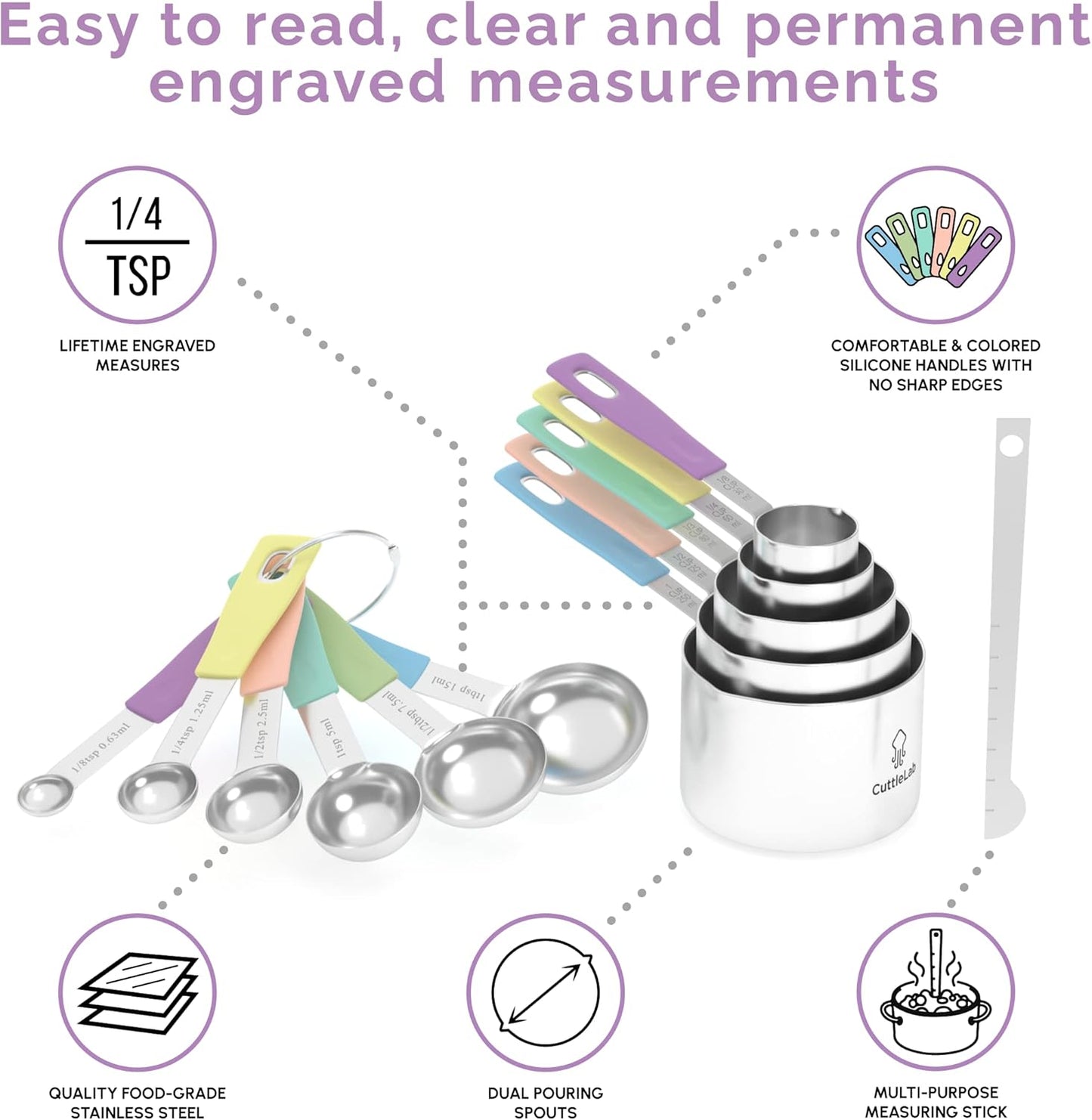Measuring Cups and Measuring Spoons Set of 14 - Stainless Steel Measuring Cups and Spoons Set, Includes 1/8 Teaspoon Measuring Spoon, 1/8 Cup Measuring Cup, Leveler Dry (14,Cotton Candy)