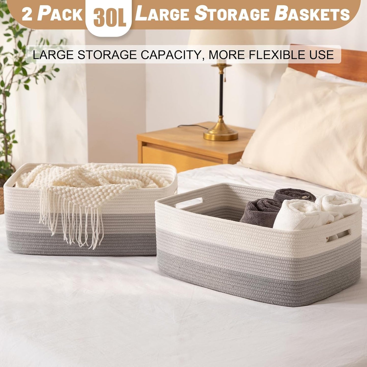 Large Storage Basket for Organizing, Woven Rope Basket for Shelves, Closet Organizer Bins for Clothes, Blanket, Toys, Baby Nursery Storage, 17.7" x 13" x 7.87", 2 Packs Gradient Grey