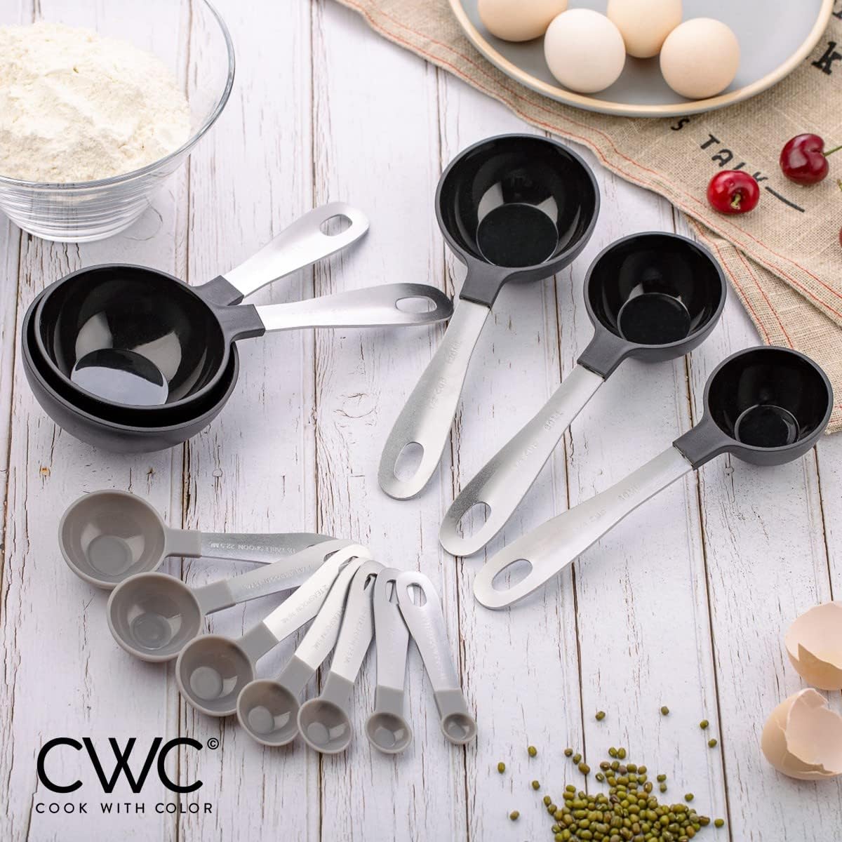 COOK WITH COLOR Measuring Cups Set and Measuring Spoon Set, Stainless Steel Handles, Nesting Kitchen Measuring Set, Liquid Measuring Cup Set, 12 PC Stainless Steel, Black and White Collection