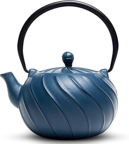 Tea Kettle, TOPTIER Japanese Cast Iron Teapot with Stainless Steel Infuser, Cast Iron Tea Kettle for Stove Top, Wave Design Teapot Coated with Enameled Interior for 30 Ounce (900 ml), Navy Blue