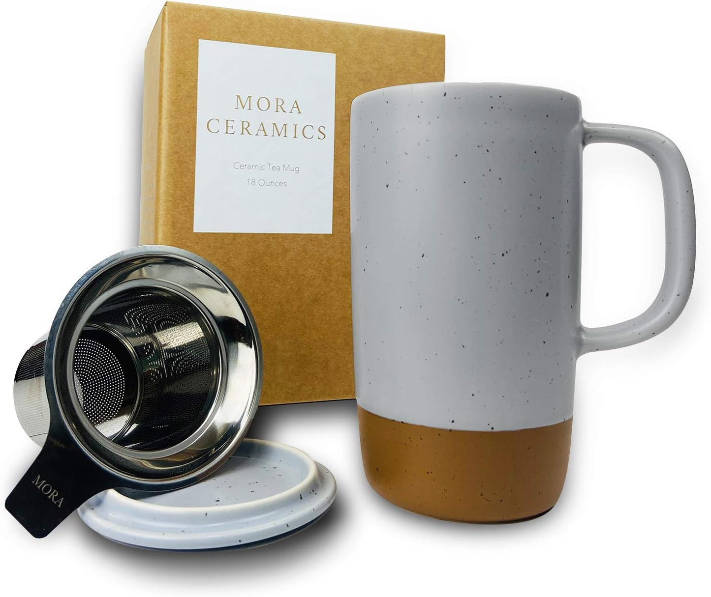 Mora Ceramics Large Tea Mug with Loose Leaf Infuser and Ceramic Lid, 18 oz, Portable, Microwave and Dishwasher Safe, Tall Coffee Cup - Rustic Matte Ceramic Glaze, Modern Herbal Tea Strainer, Sleet
