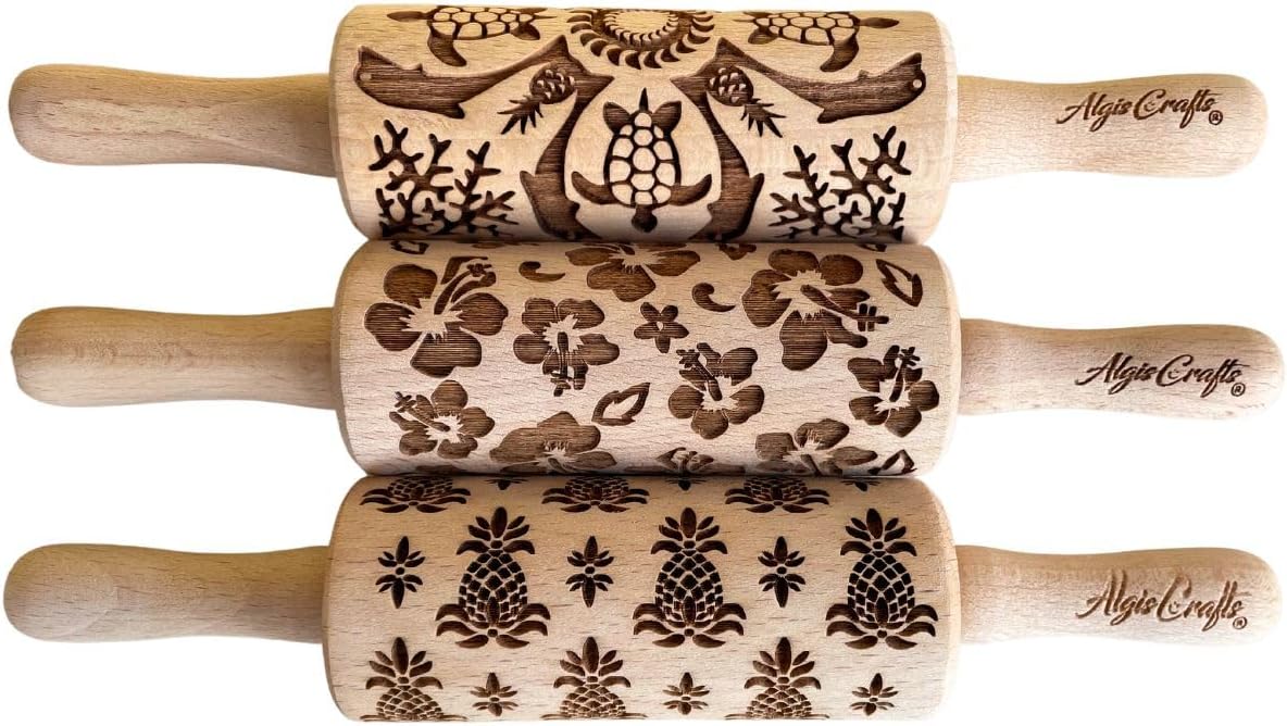 HAWAII 3 KID Rolling Pin SET. Wooden Laser Cut Mini Rolling Pins for cookies, play dough, salt dough by Algis Crafts
